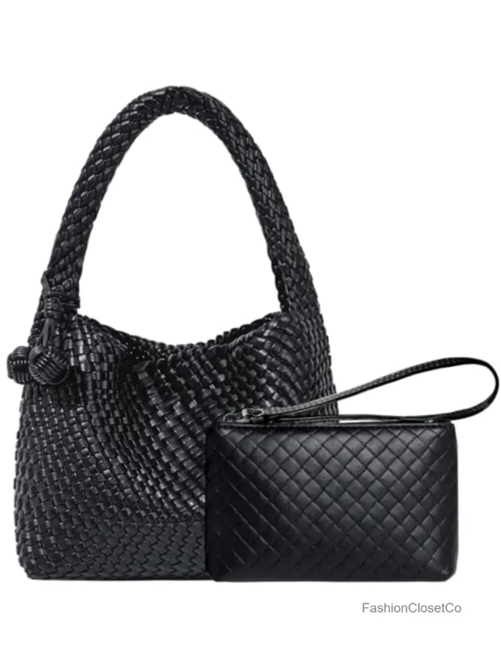 Woven Vegan Leather Hobo Bag with Detachable Clutch Purse